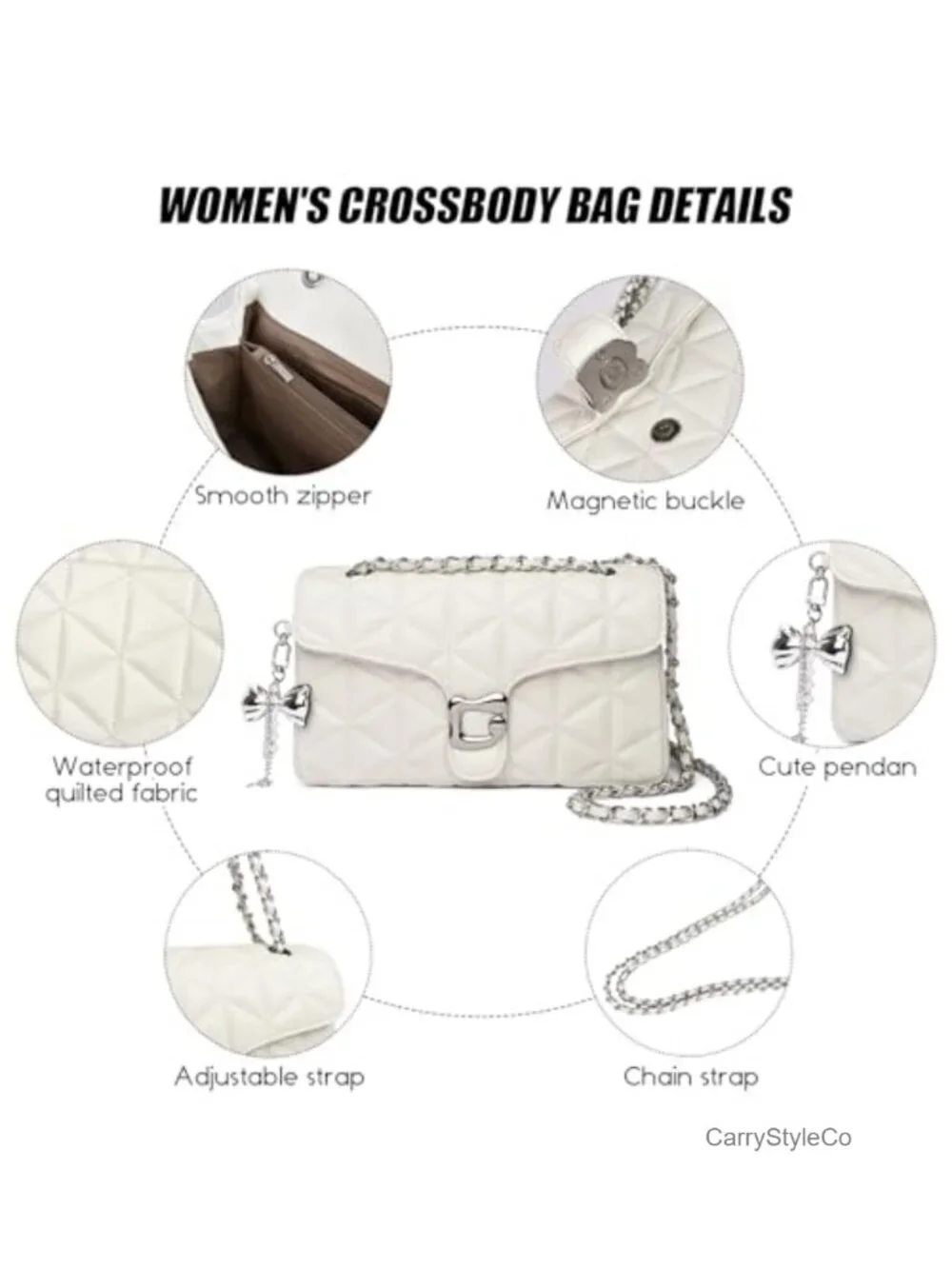 Quilted Vegan Leather Crossbody Bag with Chain Strap and Card Slots, Adjustable